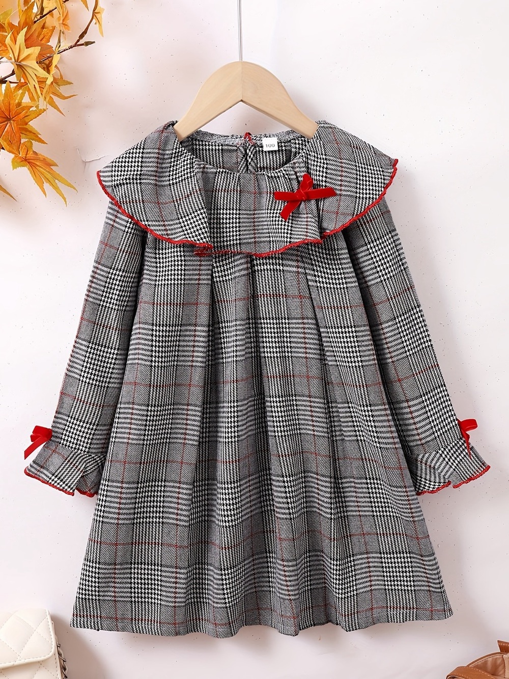 Girls Gray Plaid Dress with Red Trim and Bows